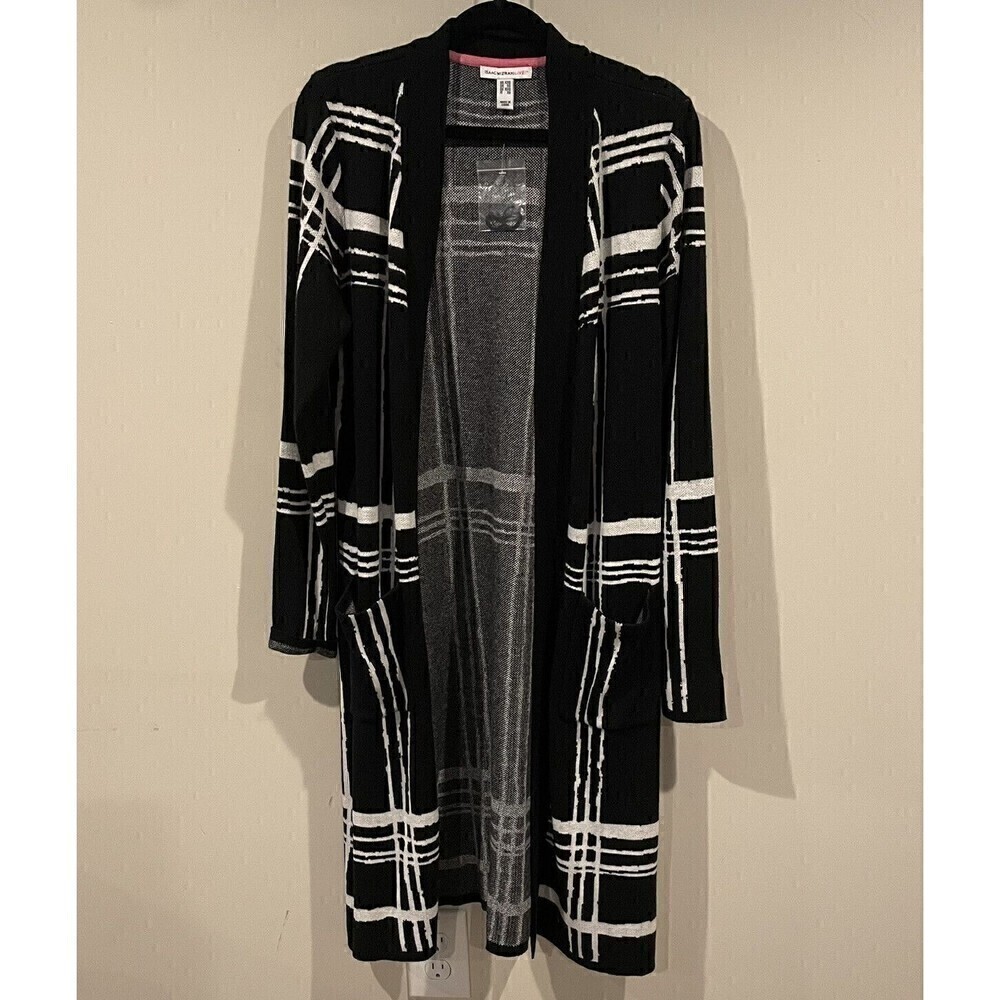 Isaac Mizrahi Live Black & White Plaid Jacquard Duster Cardigan Size XXS A392461